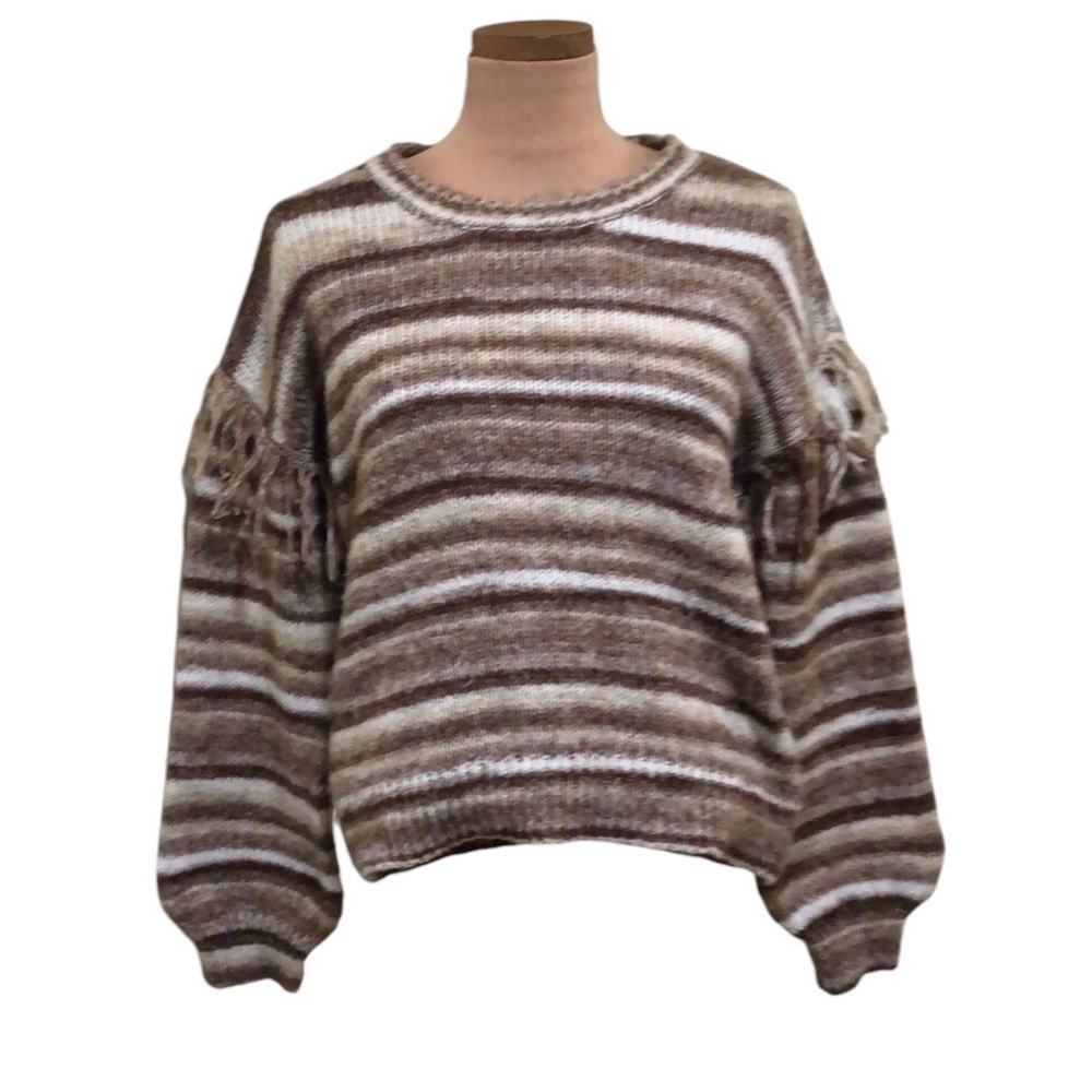Francesca’s Collection Olivia Sky Sweater Medium Ecru Cream Brown Striped Fringe